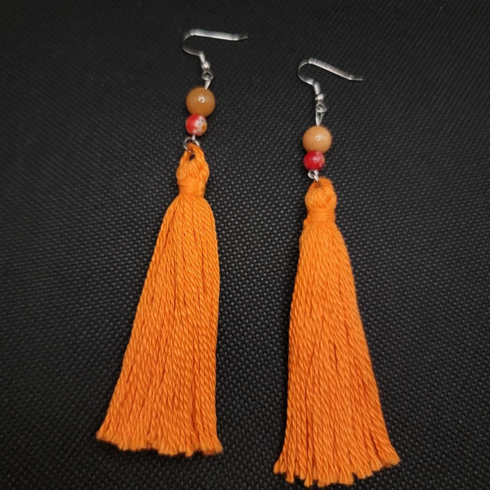 Handmade Tassel Earrings Orange Glass and Stone Bead